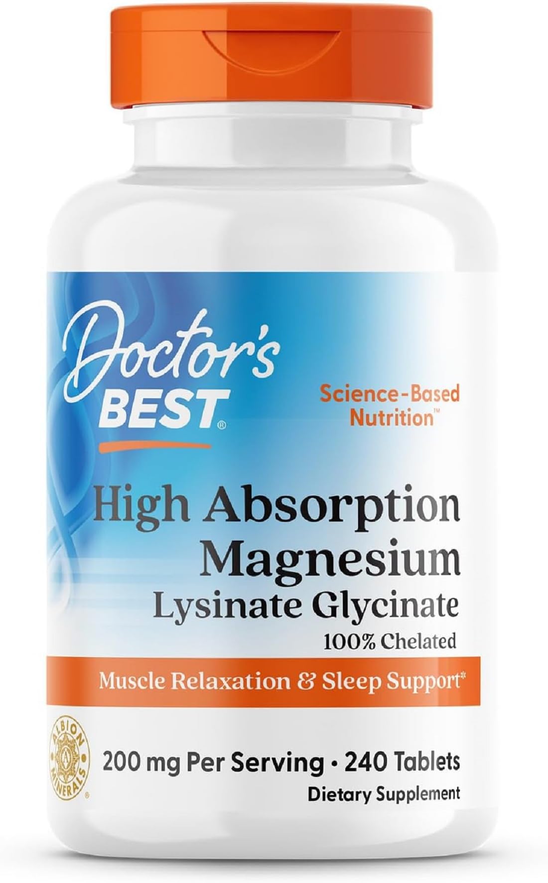 Doctor's Best High Absorption Magnesium Glycinate Lysinate, 240 Count | Supplement for Sleep Support, Chelated Magnesium Tablets for Women & Men, 200mg per Serving, Calm & Relaxation Support, Vegan