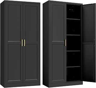 Steeloong 71"Metal Pantry Storage Cabinet with Doors & 4 Adjustable Shelves | Kitchen Pantry Cabinet,Black Kitchen Cabinet with 2 Gold Handles,Tall Cabinet for Livingroom,Pantry, Bathroom,Kitchen,Garage