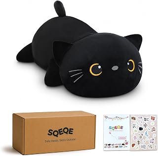 SQEQE Weighted Black Cat Plush, Weighted Black Cat Stuffed Animal, Cute Plushies Soft Pillow Toy Gift for Kids Adults 9.8 Inch, 0.8 Lbs