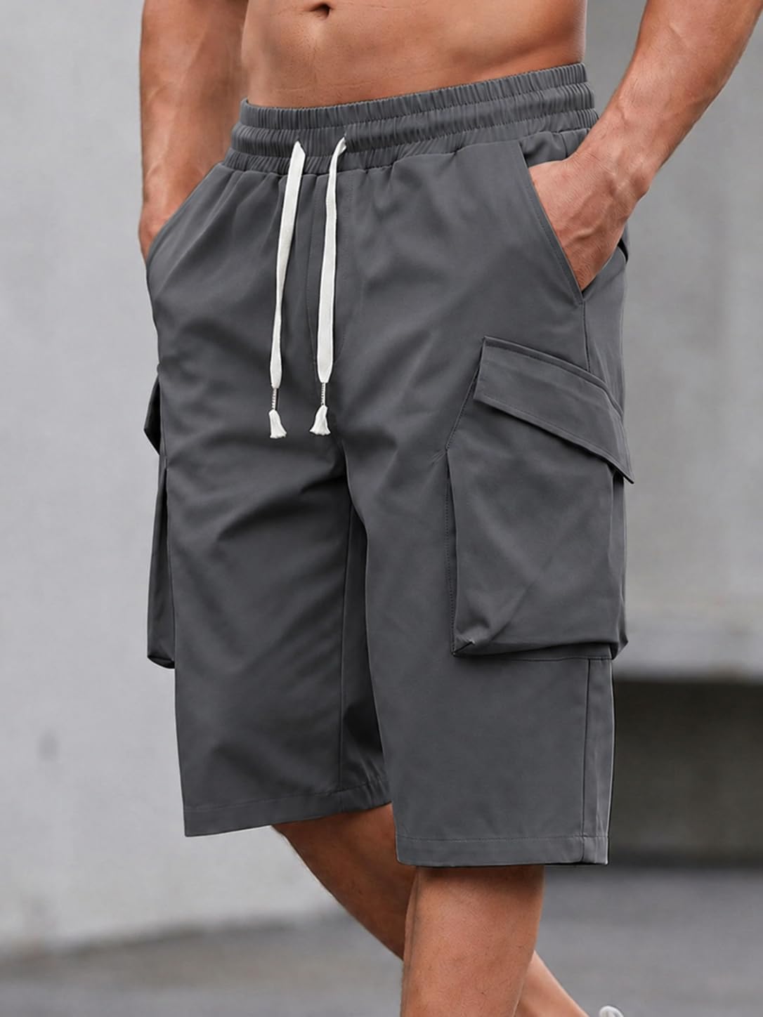 Mens Relaxed Fit Drawstring Outdoor Hiking Multi Pocket Cargo Shorts