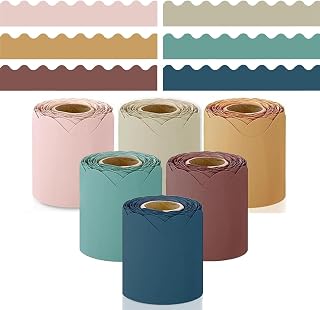 6 Rolls Boho Bulletin Board Borders, Total 60m (10m per roll) Wave Edge Classroom Trim, 7.5cm Wide Colorful Border Stickers for Bulletin Board, Classroom, School, Home, Office, Chalkboard Decor