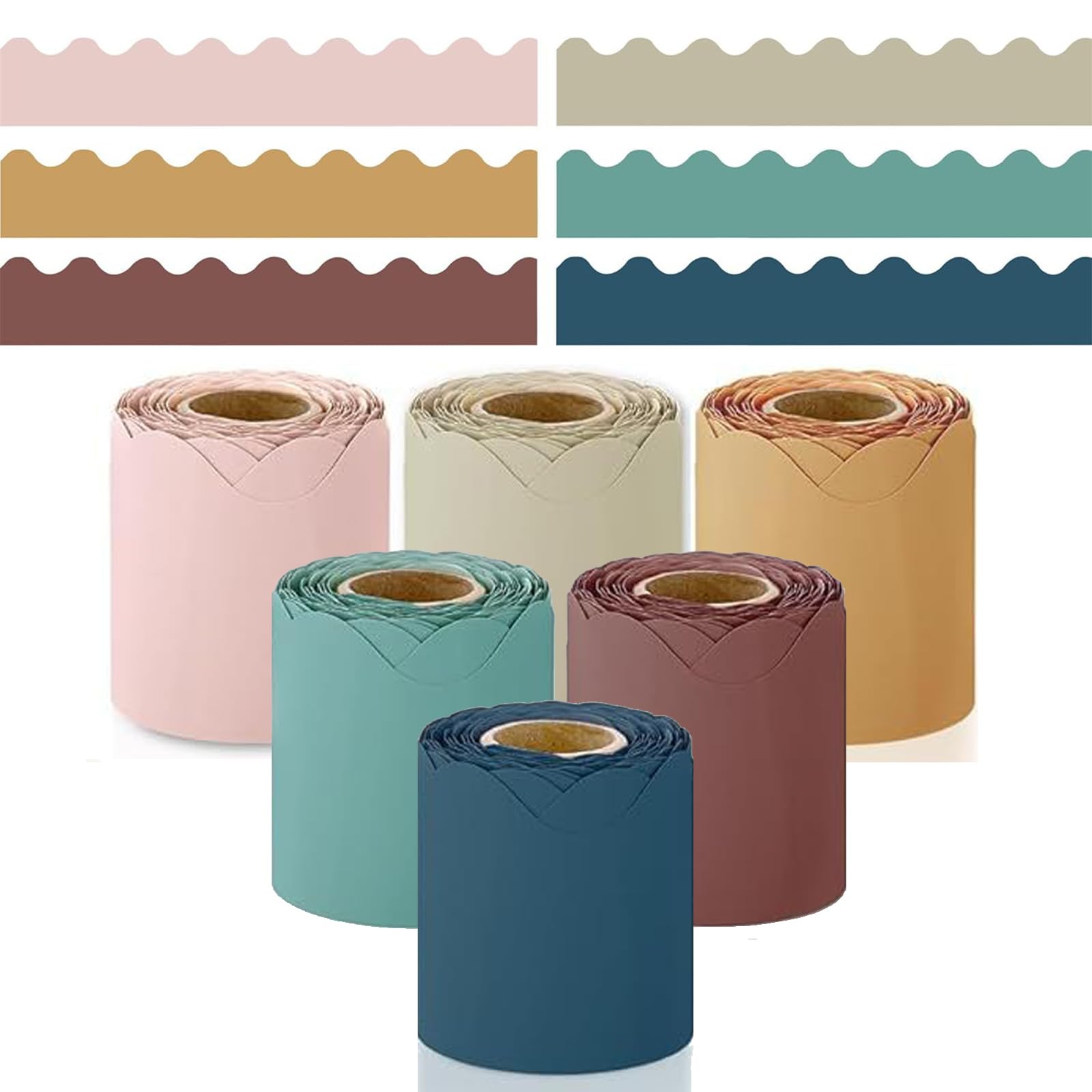 6 Rolls Boho Bulletin Board Borders, Total 60m (10m per roll) Wave Edge Classroo