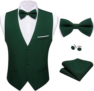 Barry.Wang Men's Formal Business Suit Vest V-Neck Slim Fit Casual Plain Vest Bow Tie Set for Wedding Party Tuxedo