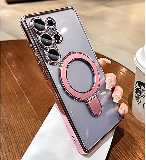 Magnetic for Samsung Galaxy S24 Ultra Case Stand & Ring Holder Compatible with MagSafe Built-in Camera Lens Protector Phone Case for Samsung S24 Ultra - Pink
