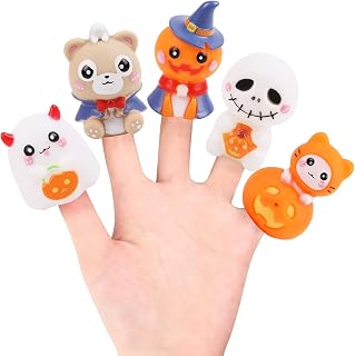 CCINEE 5pcs Halloween Finger Puppets for Kids, Tiny Hands Puppet Toys Rubber Witch Pumpkins Ghost Characters Toys for Toddlers Bath Toys Storytelling Trick or Treat Gifts Party Favors