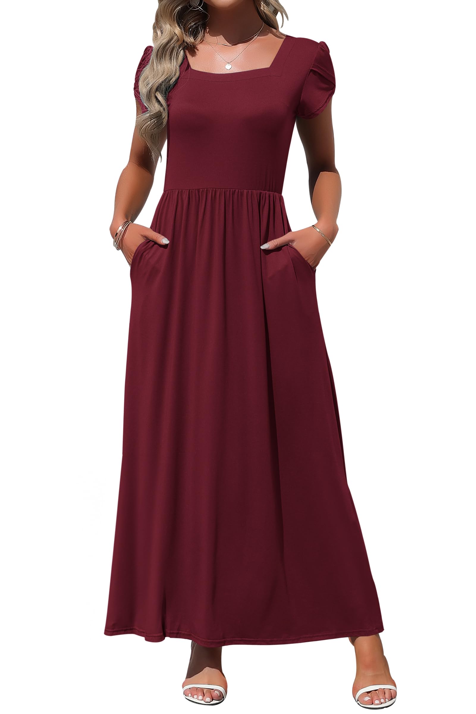 MOLERANI Women's Square Neck Maxi Dresses Petal Sleeve Summer Long Dress
