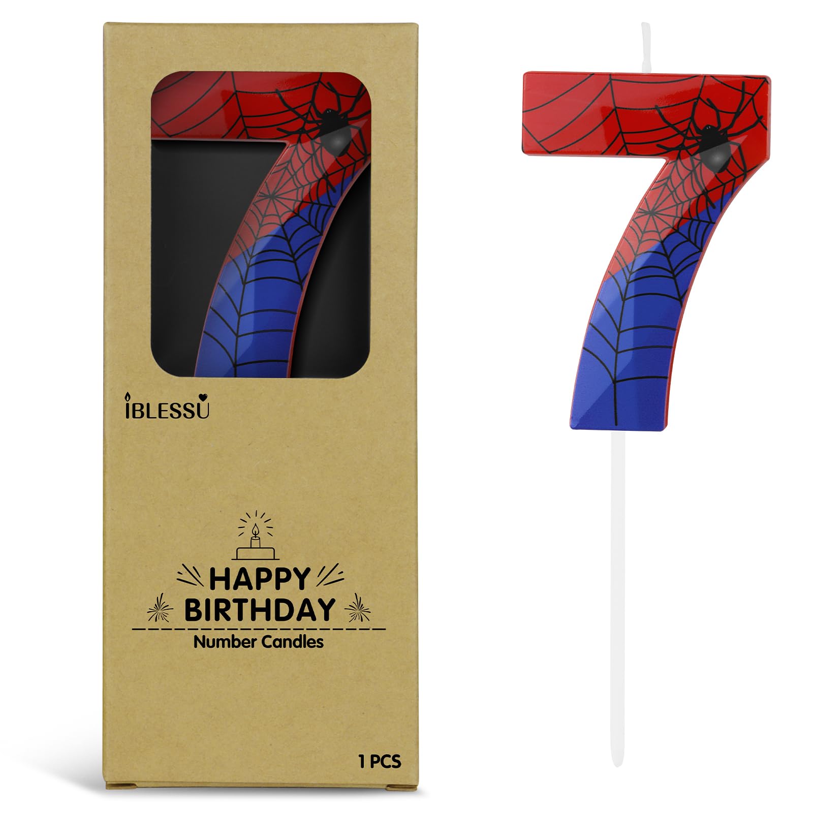 Number 7 Spider Themed Birthday Candle, 2.68 Inch Red Blue Spider Birthday Candl