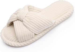 Chantomoo Ladies Memory Foam Slippers Home Bedroom Bathroom Open Toe Corduroy Slippers Non-Slip Cozy Comfortable