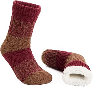 LEMZONE Men's Warm Slipper Socks Non Slip Thick Fleece Grip Cabin Socks