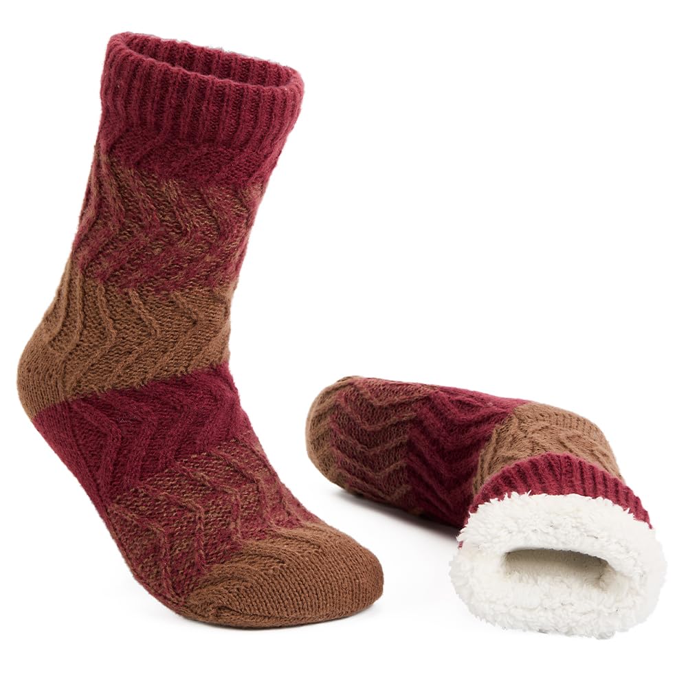LEMZONE Men's Warm Slipper Socks Non Slip Thick Fleece Grip Cabin Socks