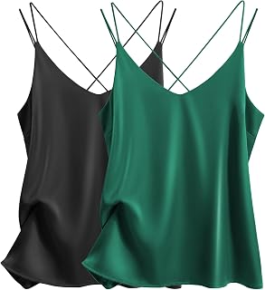 Ekouaer Women's Silk Satin V Neck Spaghetti Straps Criss Cross Back Sleeveless Tank Top