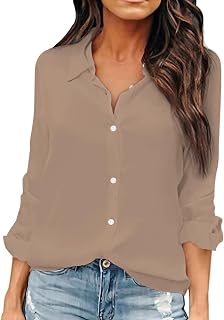 OMSJ Women Button Down Shirts Long Sleeve Chiffon Office V Neck Casual Business Blouses Tops