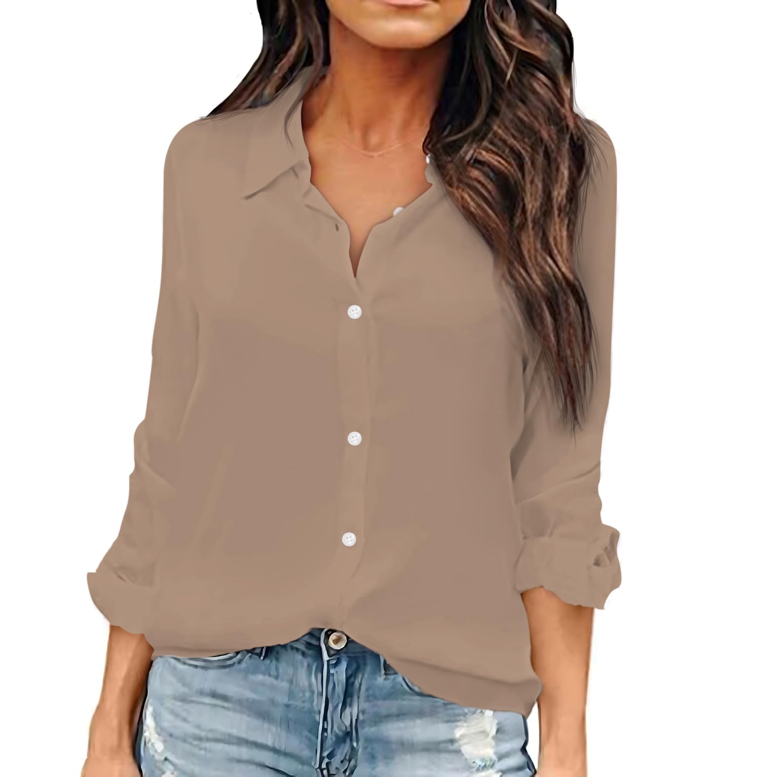 OMSJ Women Button Down Shirts Long Sleeve Chiffon Office V Neck Casual Business 