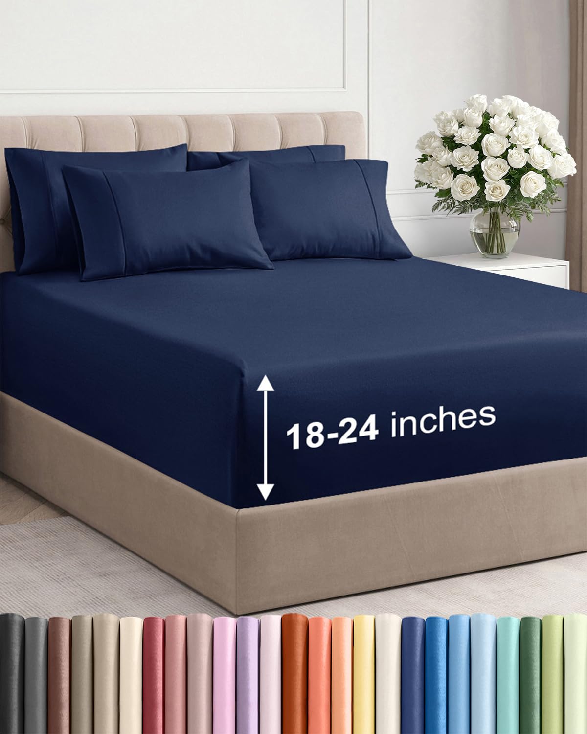 Extra Deep King Sheet Set - 6 Piece Breathable & Cooling Sheets - Navy Blue