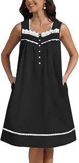 Pearl Snap Button 100% Cotton Nightgown for Women Sleeveless Short Nightgown with Pockets for Summer Sleeping