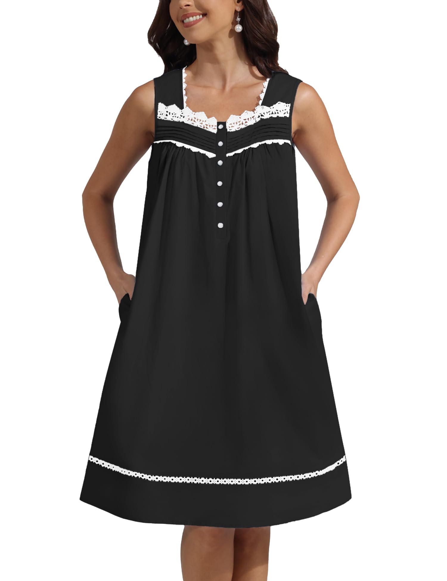 Pearl Snap Button 100% Cotton Nightgown for Women Sleeveless Short Nightgown wit