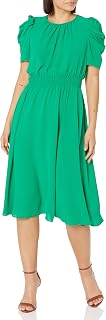London Times Women's Caterpillar Puff Sleeve Midi Dress - Gathered Waist A-Line Flowy Summer Dress