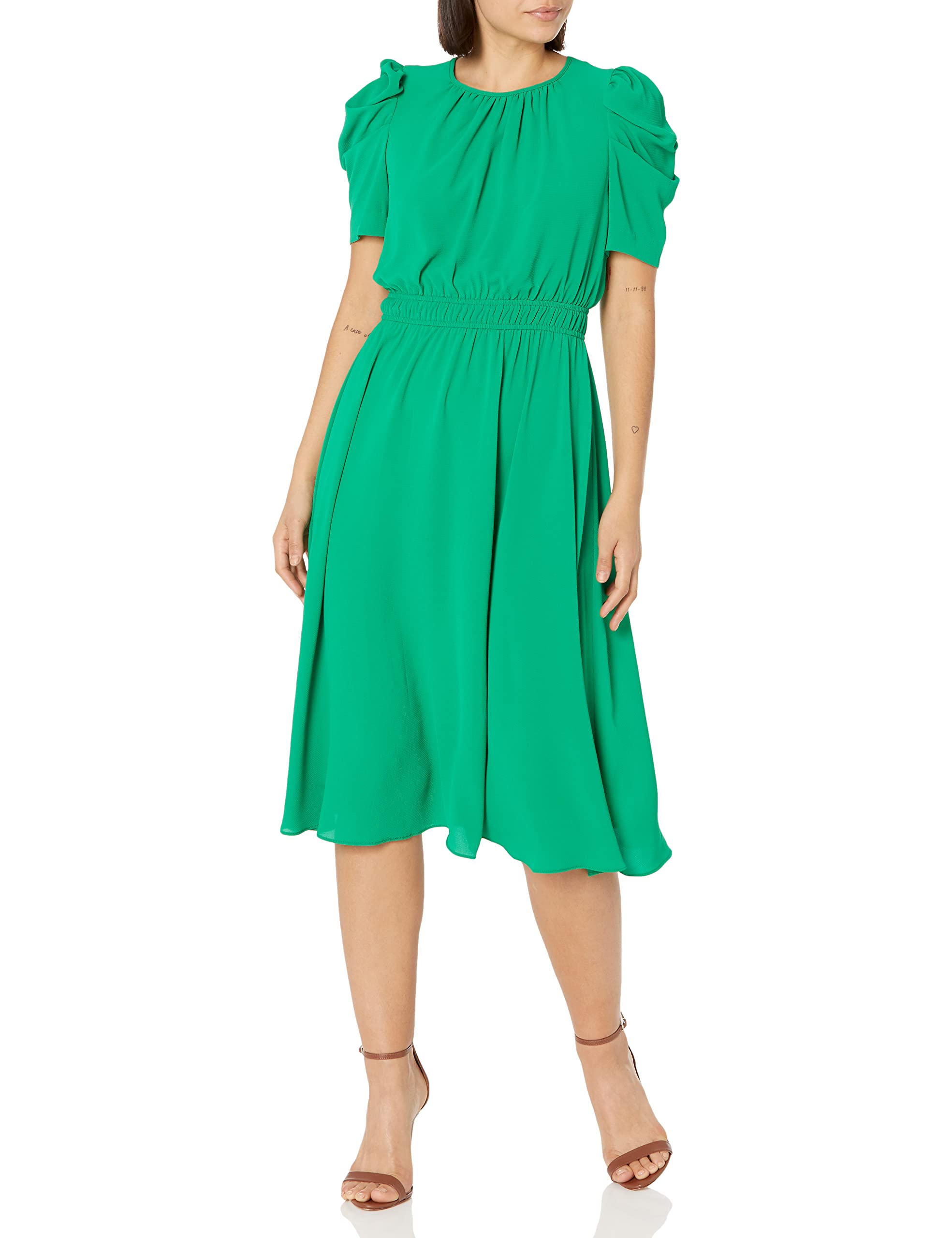 London Times Women's Caterpillar Puff Sleeve Midi Dress - Gathered Waist A-Line 