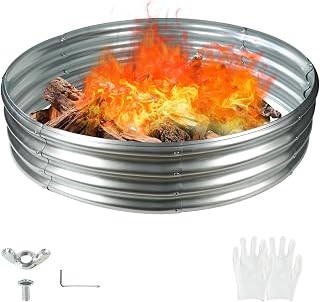 12 in Tall 60 Inch Diameter Round Galvanized Fire Pit Ring/Fire Ring Silver | Heavy Duty,Rustproof,Durable & Stylish,5 FT Diameter+1 FT Tall,0.8MM Thick Galvanized Metal,with Gloves,Tool free
