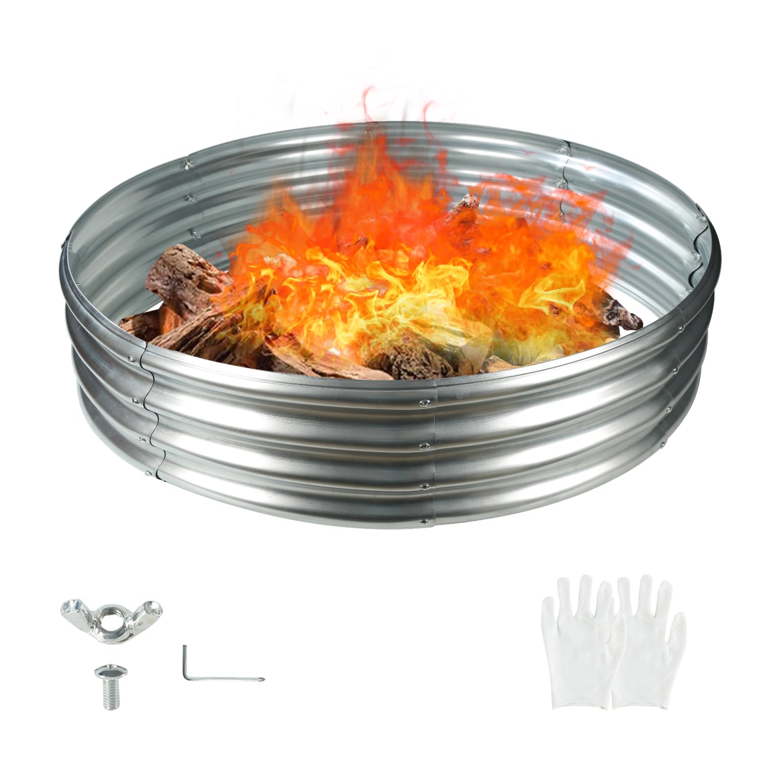 12 in Tall 60 Inch Diameter Round Galvanized Fire Pit Ring/Fire Ring Silver | He