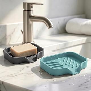 2 Pcs Silicone Bathroom Soap Dish with Drain Spout, Bathroom Kitchen Sink Organizer, Sponge Holder, Soap Tray, Perfect for Dispenser, Scrubber, Bottles, Cups on the Sink
