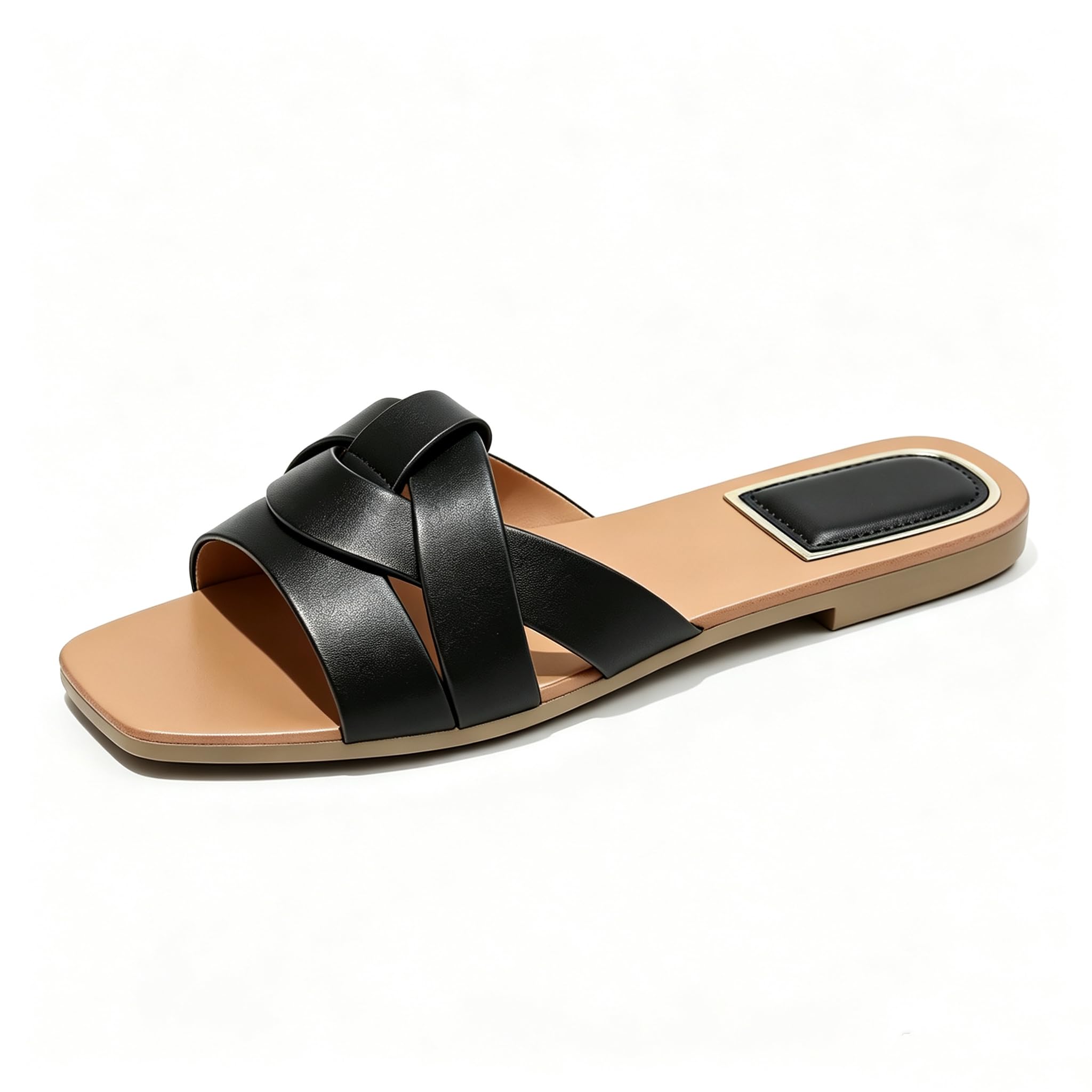 Women White Black Beige Gold Flat Sandals 2026 - Square Toe Mule Cross Strap Des