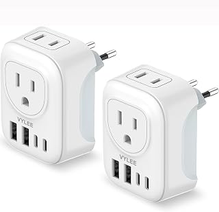 VYLEE 2 Pack European Travel Plug Adapter with USB C, Type C Europe Plug | 2 Outlet and 4 USB Ports(2 USB C), Type C Power Plug for Most of Europe Finland, France, Germany, Greece, Italy, Korea