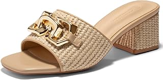 Coutgo Women Raffia Sandals Block Heel Open Toe Metal Chain Dress Shoes Khaki 8