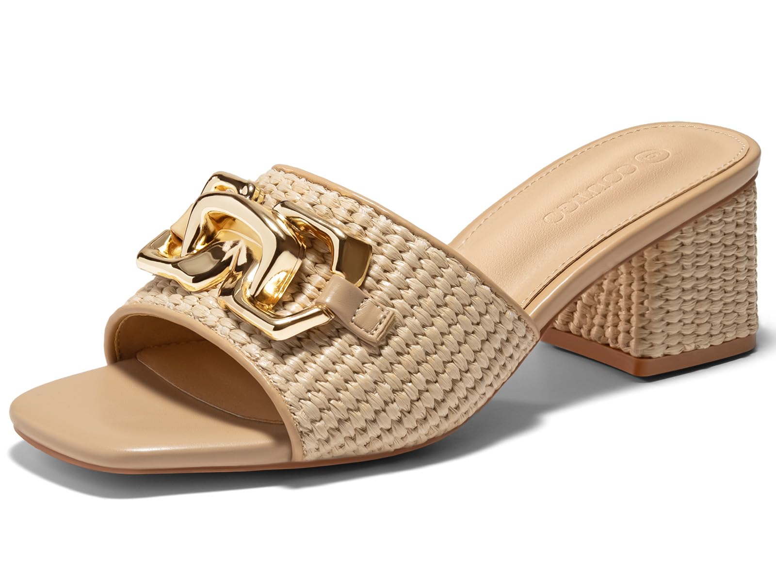 Coutgo Women Raffia Sandals Block Heel Open Toe Metal Chain Dress Shoes Khaki 8