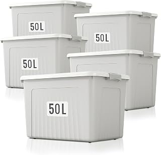 Froppi Storage Boxes - Plastic Storage Boxes with Lid, 5 Pack 50L (Grey)