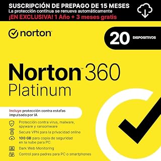 Norton 360 Platinum 2026| Antivírus 20 Dispositivos| 15 meses con renovación automática| Descarga digital