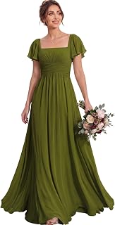 MisShow Women's Flutter Sleeves Bridesmaid Dresses Square Neck Chiffon Maxi Dress A Line Formal Evening Gown