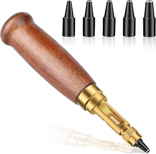 TLKKUE Adjustable Leather Hole Punching Tool Automatic Puncher | Wooden Handle Hollow Hole Punch with 6 Tips Size (1.5mm/2mm/2.5mm/3mm/3.5mm/4mm) for Leather Belt, Bag, Wristband