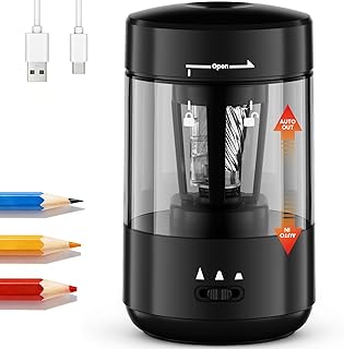 Electric Pencil Sharpener for Classroom, Fully Automatic, Black | Type-C Rechargeable, Auto In/Out, 2000mAh Built-in Battery, Fast Sharpen, For 6-8mm No.2&Colored Pencils, Home, School Office