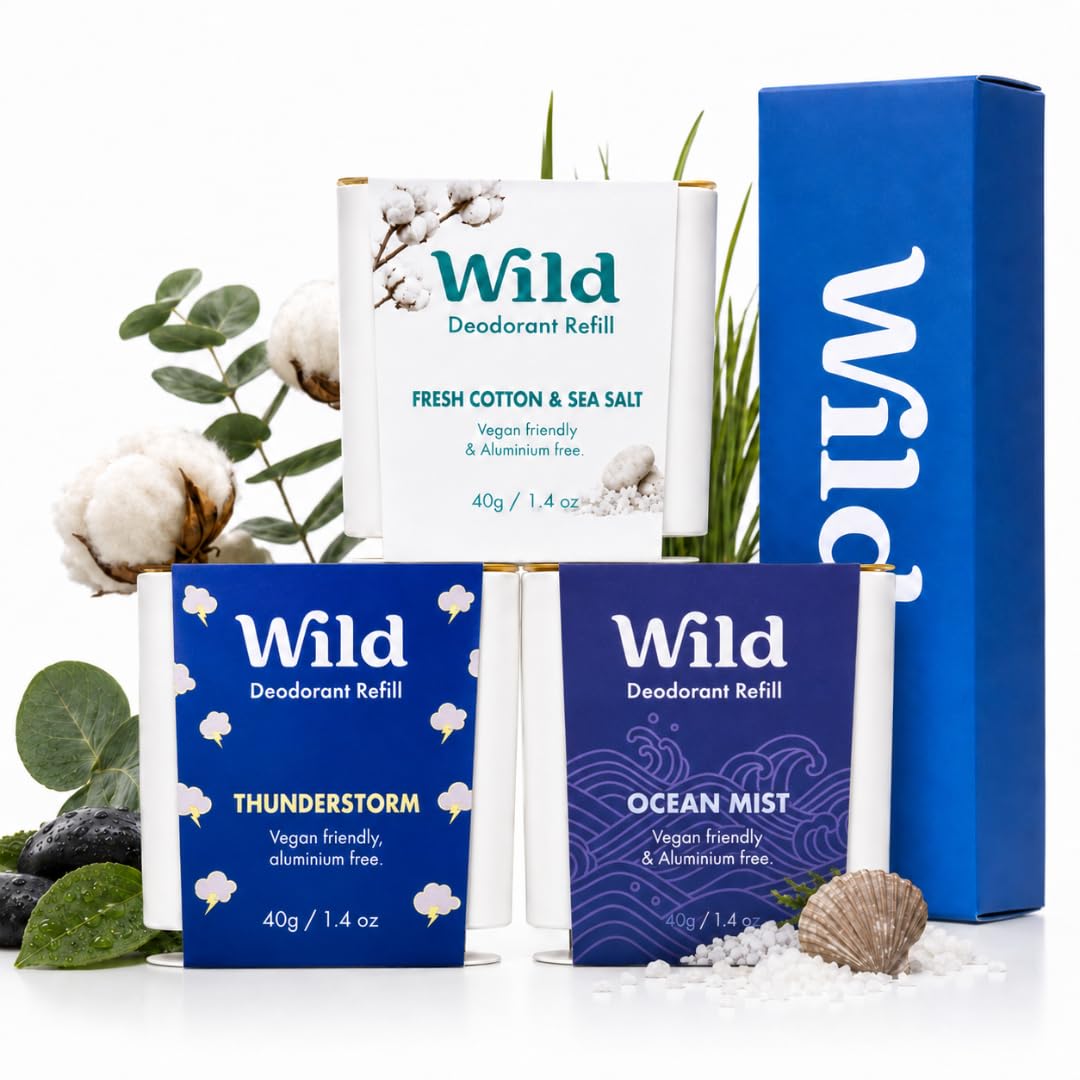 Wild Refillable Natural Deodorant 3 Pack of Refills in Clean Scents | Includes C
