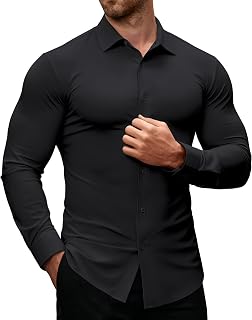 Alimens & Gentle Stretch Mens Dress Shirts Slim Fit Long Sleeve Casual Skinny Muscle Fit Wrinkle Free Button Down Shirt