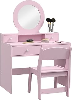 Qaba Kids Vanity Set Children Dressing Table with Mirror for Ages 3-8 Pink | Kids Makeup Table, Stool and Storage Drawers