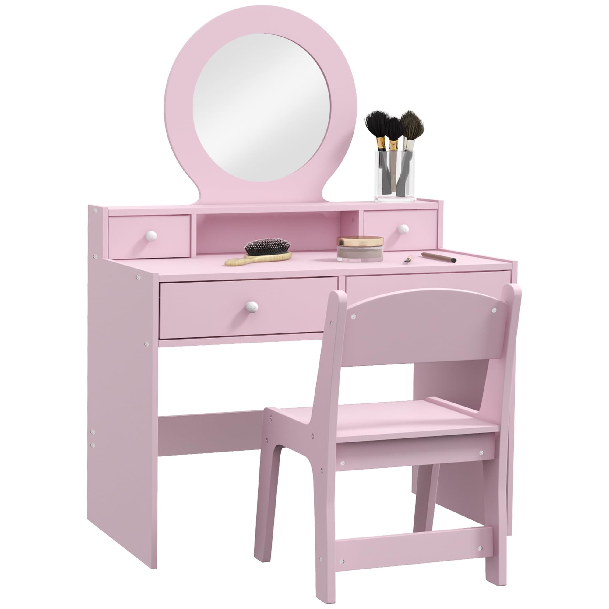 Qaba Kids Vanity Set Children Dressing Table with Mirror for Ages 3-8 Pink | Kid