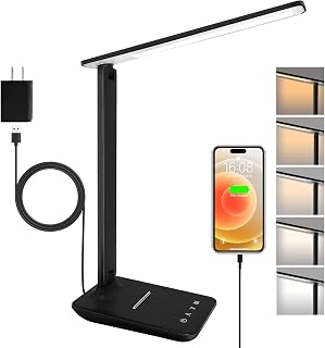 LED Desk Lamp for Office Home, 500LM Bright Touch Control USB Charging Port | Dimmable 5 Brightness Levels, 5 Color Modes (3000K-6000K) , Adjustable Head Flicker-Free Eye Care for Study Nail Craft, Black