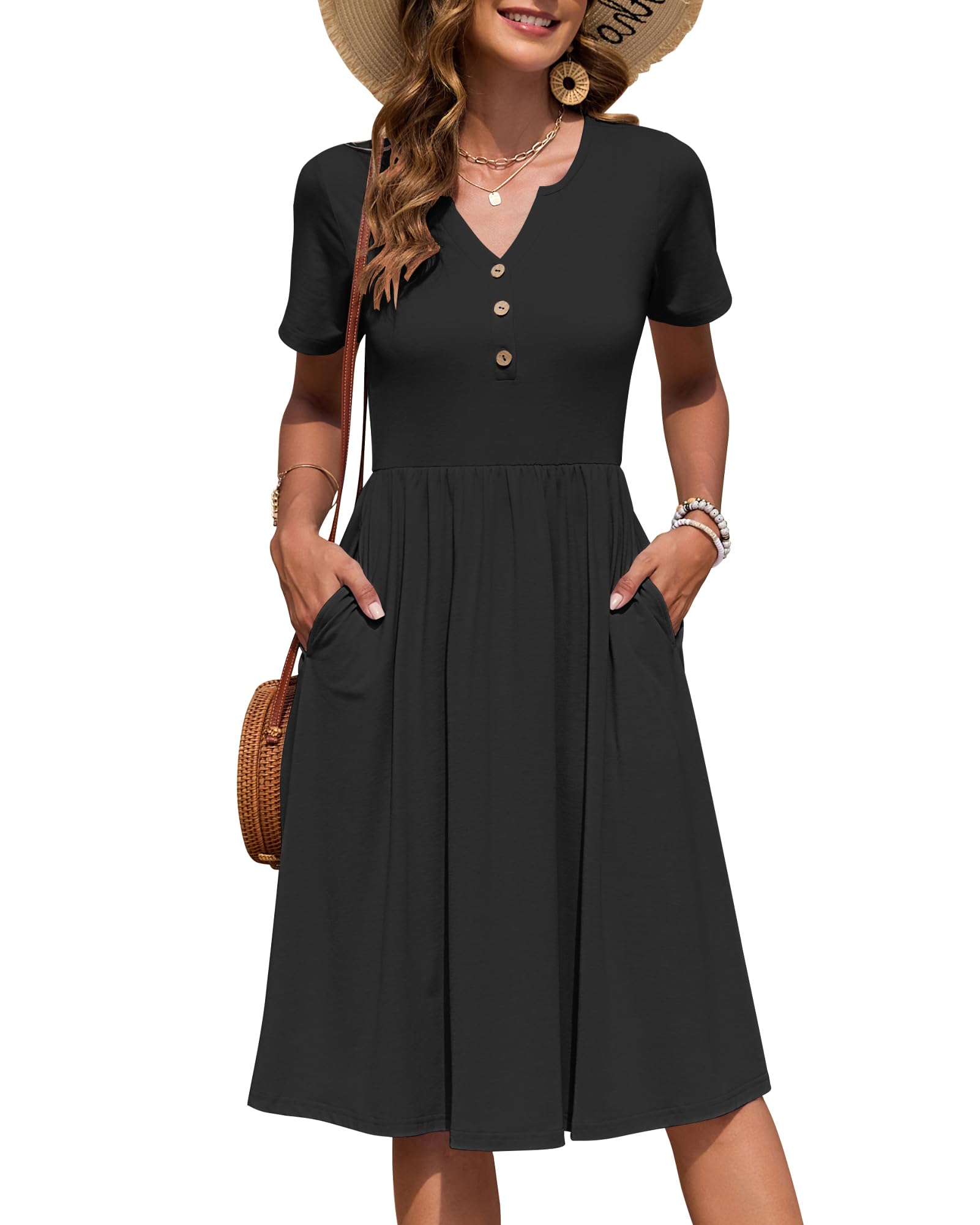 AUSELILY Women's Summer Short Sleeve Knee Length Dress with Pockets