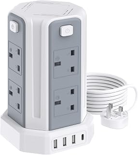 Tower Extension Lead 2M, 8 AC Outlets and 4 USB Ports Extension Tower | Extension Lead Usb Slots with 4 Independent Switch, USB C Ports Extension Cable 2M for Office, Home(13A 2990W)