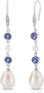 Freshwater Pearl with Genuine Tanzanite and Diamond Dangle Earrings in 925 Sterling Silver