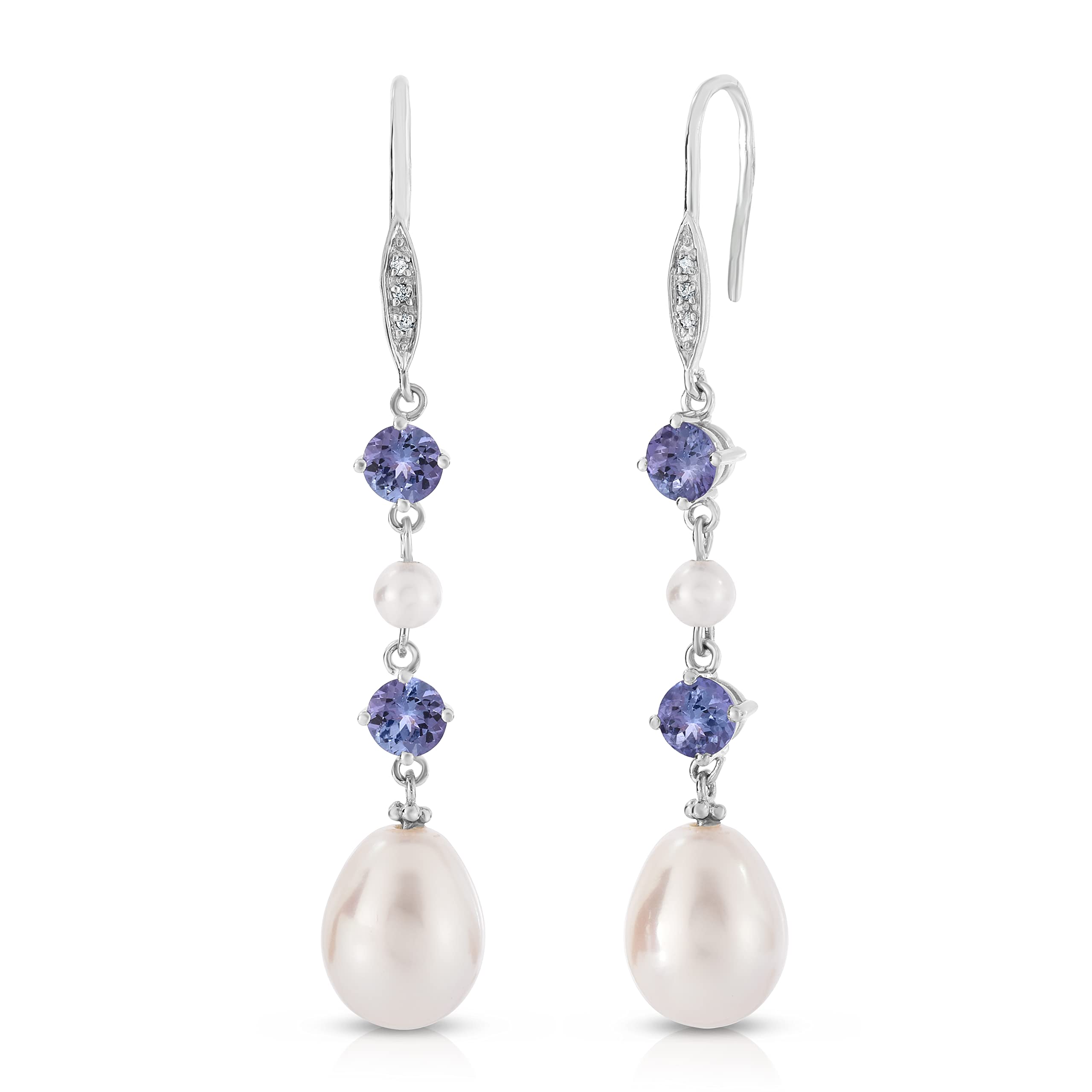 Freshwater Pearl with Genuine Tanzanite and Diamond Dangle Earrings in 925 Sterl