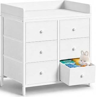 Baby Dresser with Changing Table Top, 6 Drawers Diaper Changing Station | White Changing Table Dresser with Storage for Nursery Modern