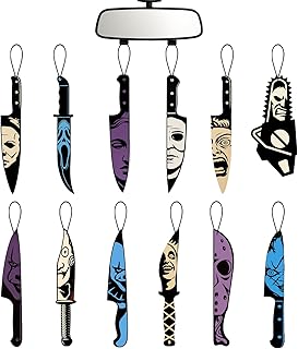 llyinglpdec Horror Car Air Fresheners 12-Pack, Scary Movie Hanging Decorations for Rearview Mirror, Novelty Knife & Chainsaw Design Freshies, Halloween Car Accessories Gift Set (12knife)