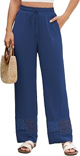 Famulily Pantaloni estivi da donna con coulisse elastica in vita a gamba larga scava fuori ricamare tasche dei pantaloni in pizzo