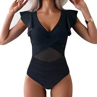 Women One Piece Swimsuit V Neck Ruffle Front Mesh Tummy Control Slimming Swimsuit
