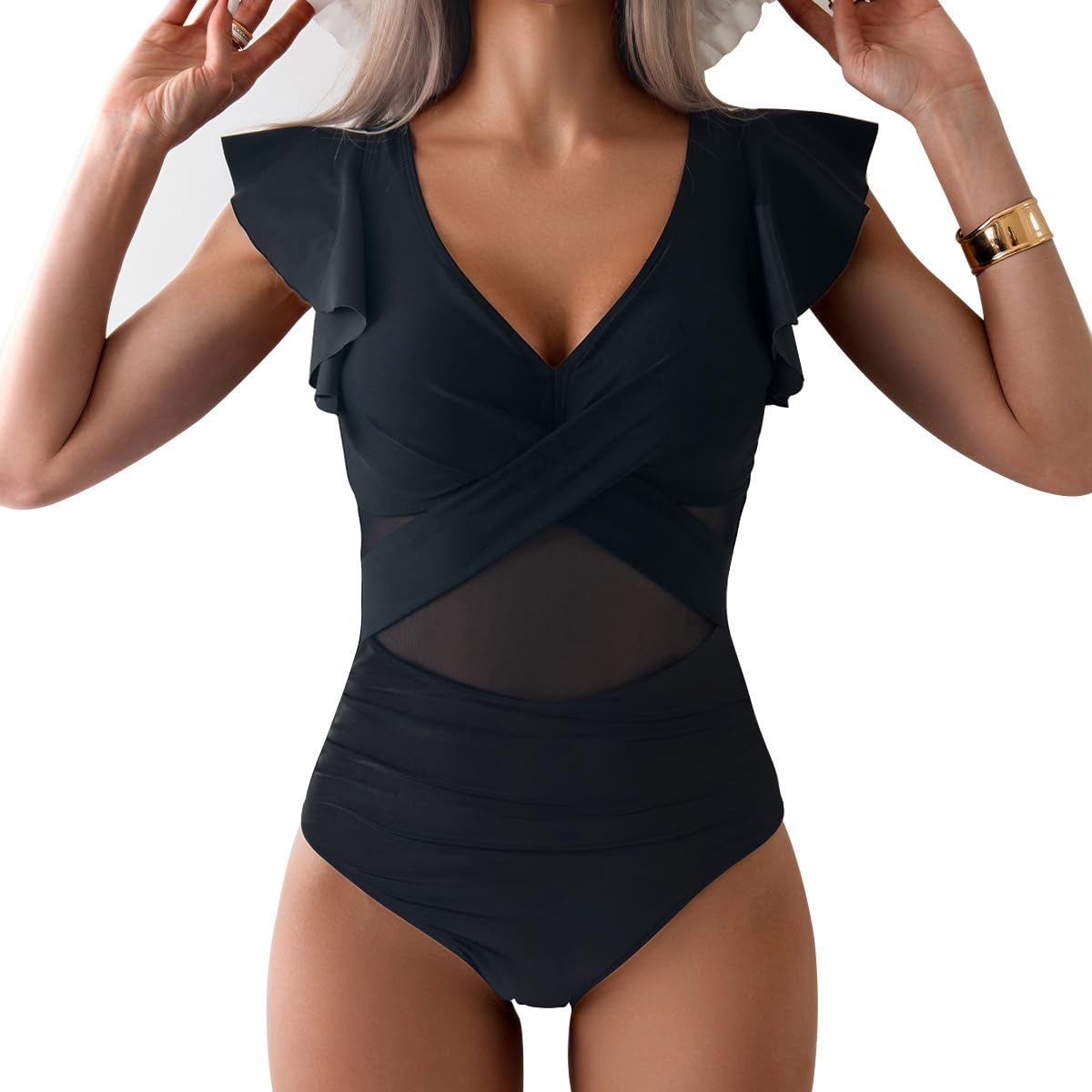Women One Piece Swimsuit V Neck Ruffle Front Mesh Tummy Control Slimming Swimsui