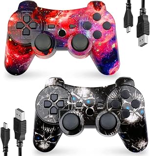 CHENGDAO Controller for PS3 2 Pack Wireless Controller for Playstaion 3 6-Axis with High-Performance Double Virbration, Motion Control, USB Charging Cable (Skull + Galaxy)