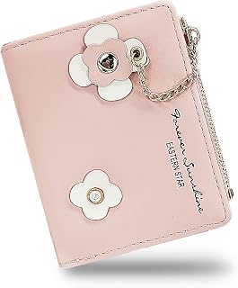Andiker Piccola borsa in pelle PU da donna, compatta bi-fold borsa da donna con fibbia floreale tasca portamonete con cerniera, Rosa, moderno